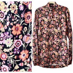 Phixclothing Mens Sz S Black Allover Floral 100% Cotton L/S Retro Popover Shirt